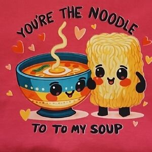 Pink Graphic Tee with Cute Noodle and Soup Design